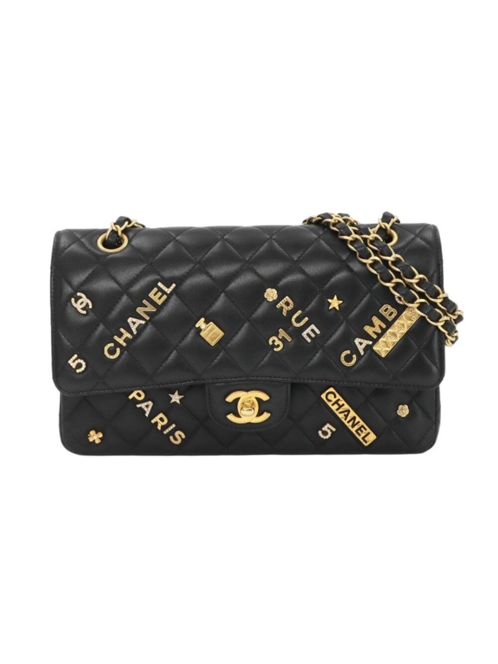 Chanel Quilted 25 Chain Shoulder Bag Lambskin Black Gold Icon